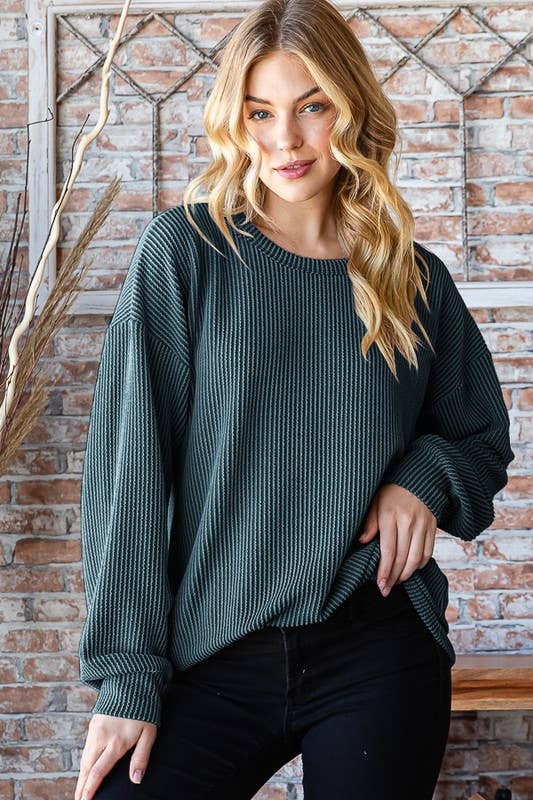 Ribbed Puff Sleeve in Hunter Green