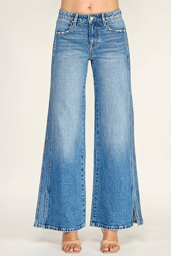 Mid Rise Wide Leg Detailed Denim