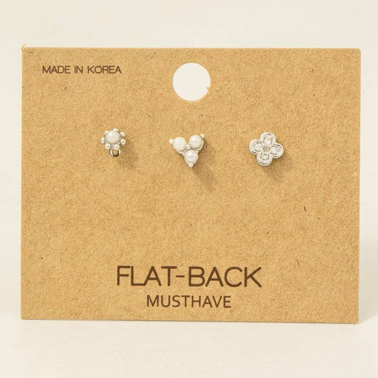3-Piece Mixed Pearl Flat Back Studs in Silver