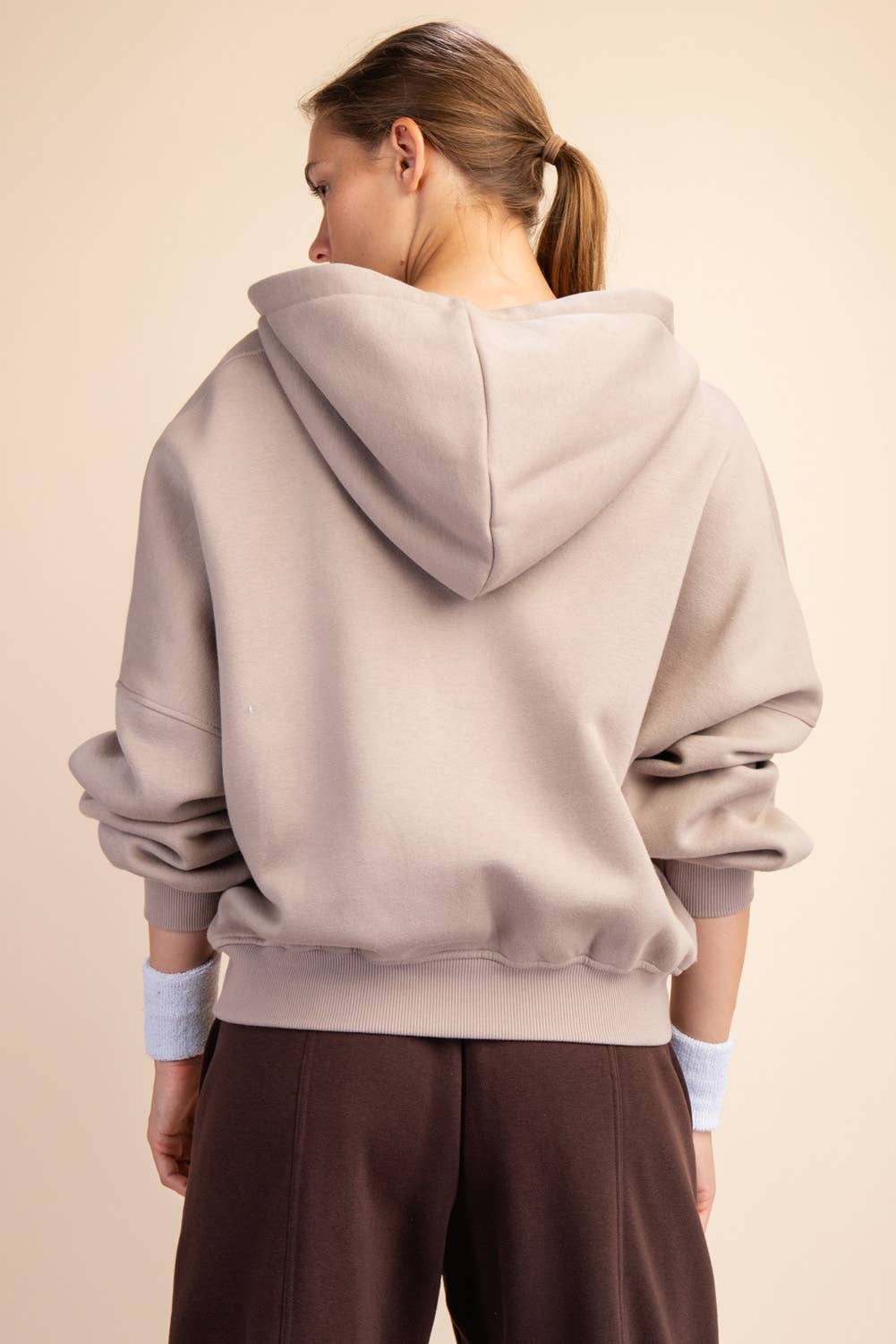 French Terry Fleece Quarter Zip Hoodie in Taupe