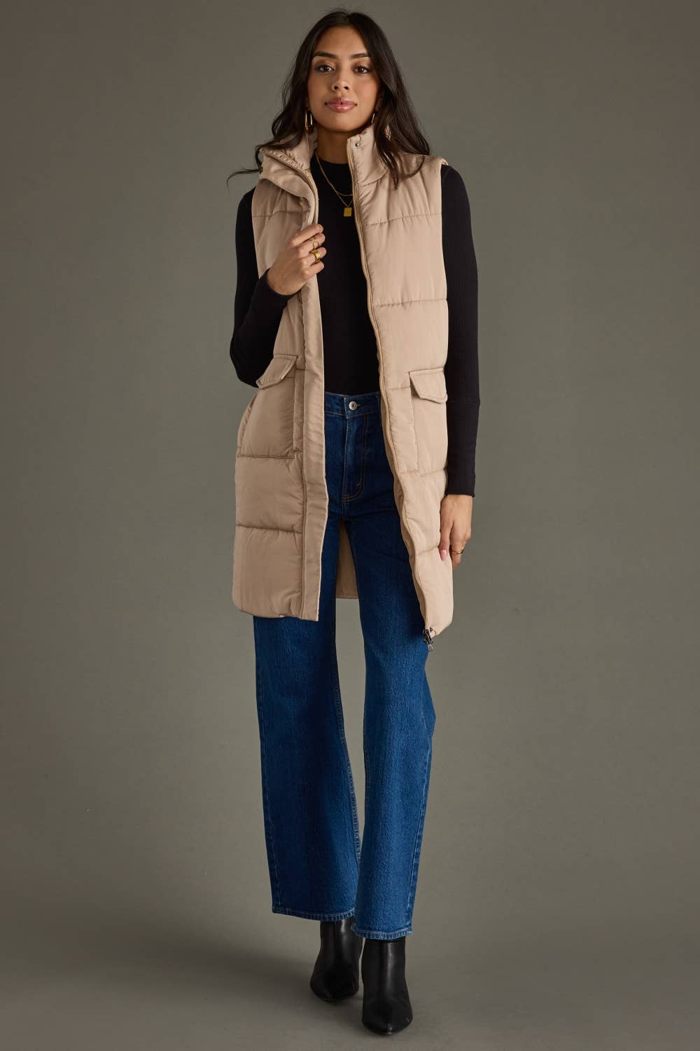 Long Puffer Vest in Tan