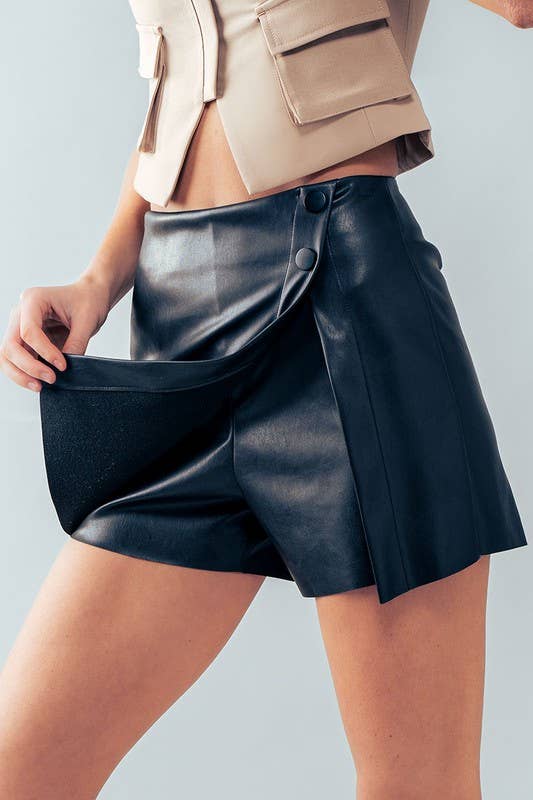 Wrap Hem Leather Skort in Black