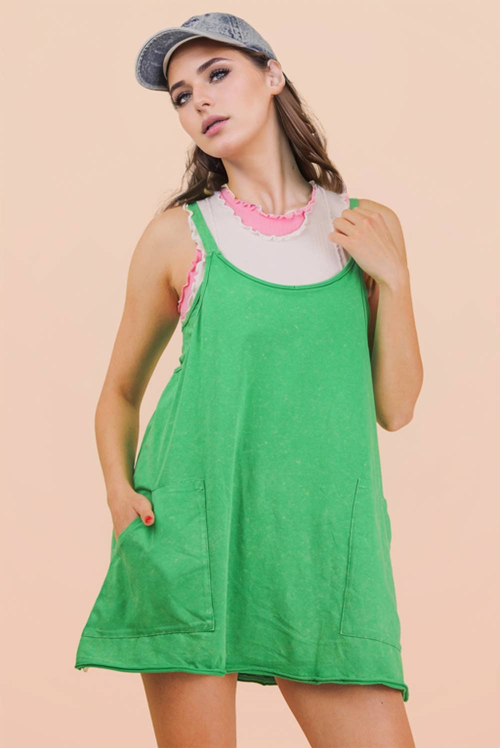 Mineral Washed Mini Dress in Green
