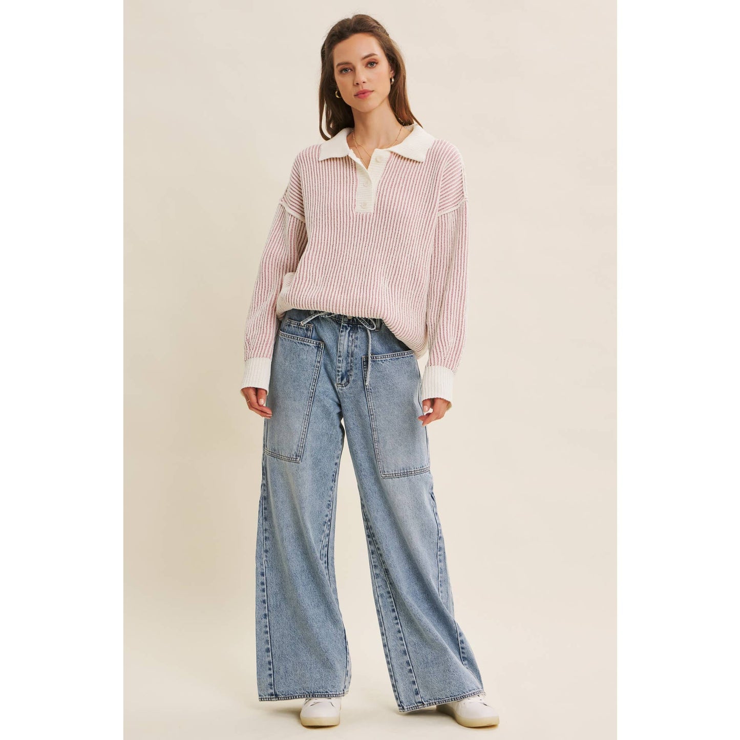 Textured Stripe Henley Sweater in Dusty Pink