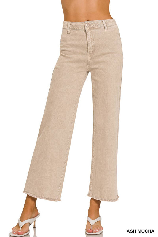 Acid Washed Frayed Straight Wide Denim in Ash Mocha