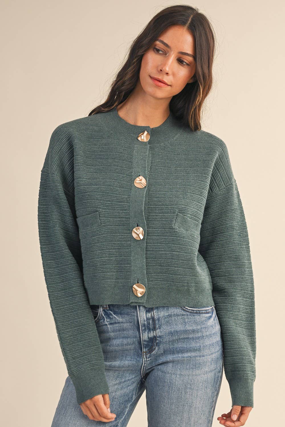 Textured Button Cardigan in Teal