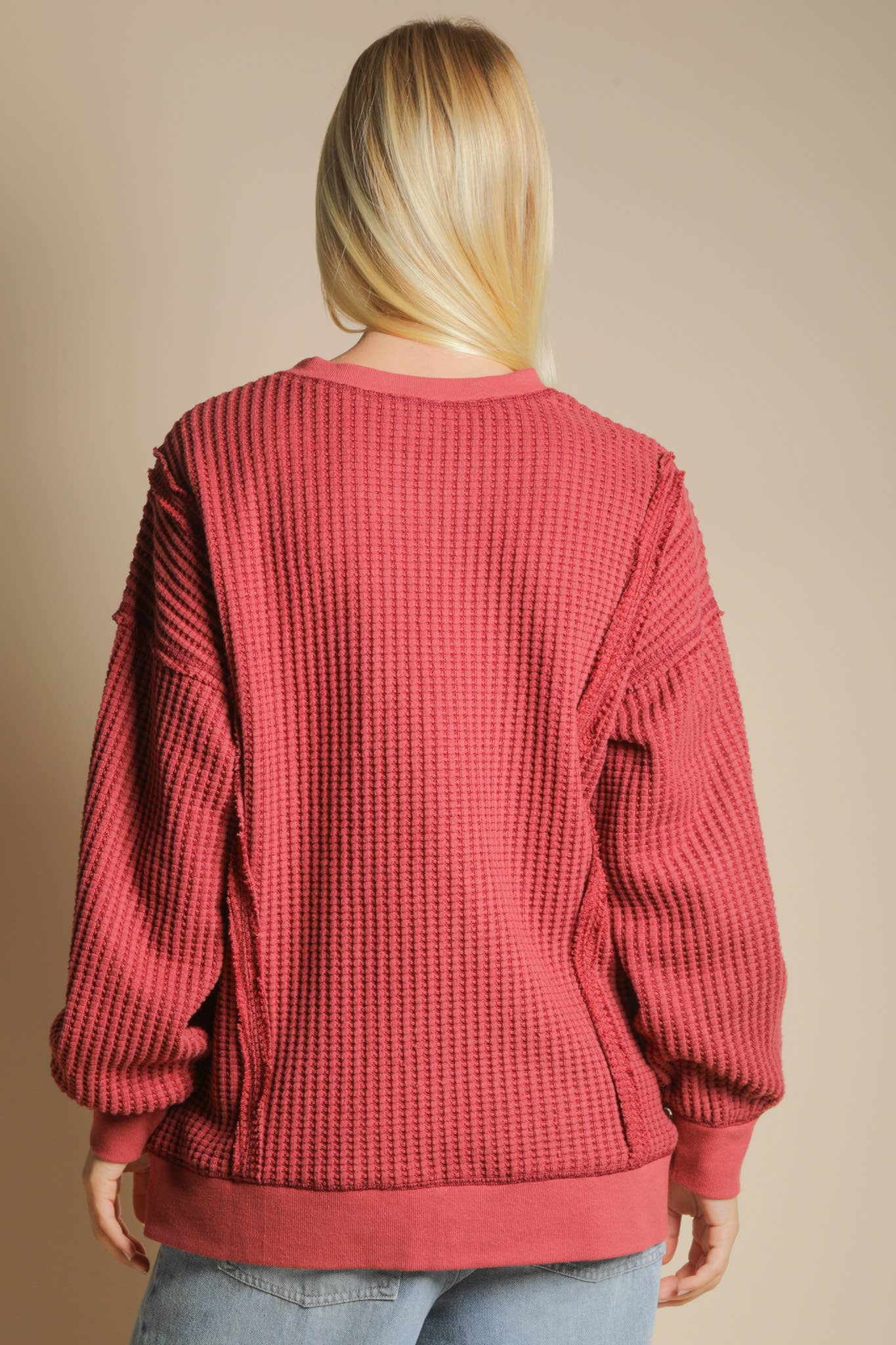 LARGE - Oversized Waffle Knit Casual Top in Burgundy