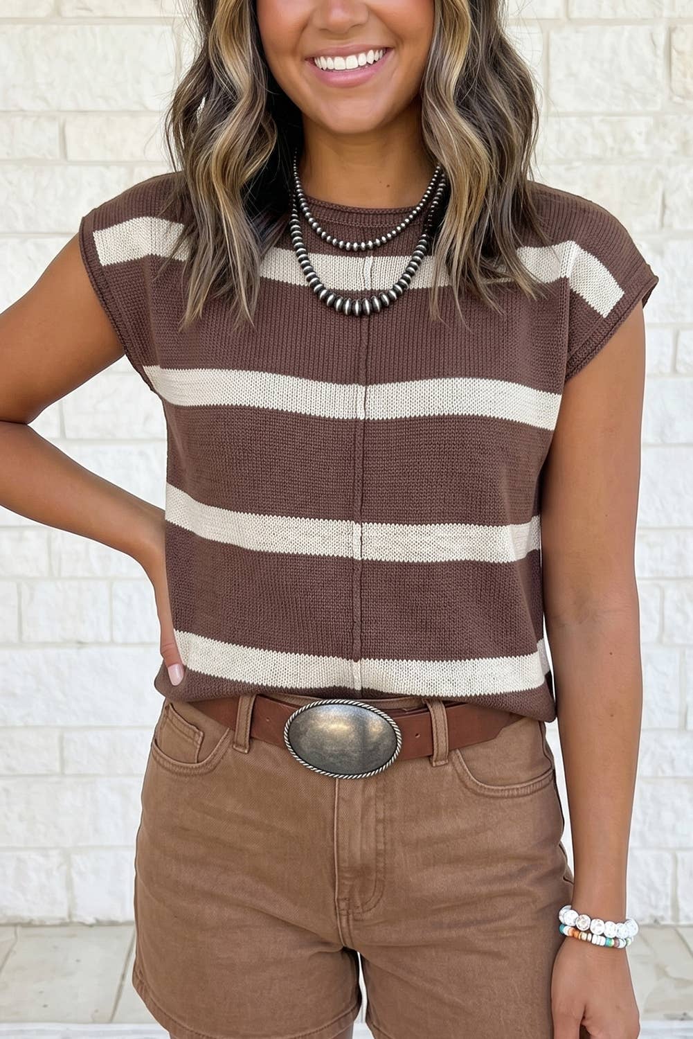 Striped Short Sleeve Sweater Top in Brown