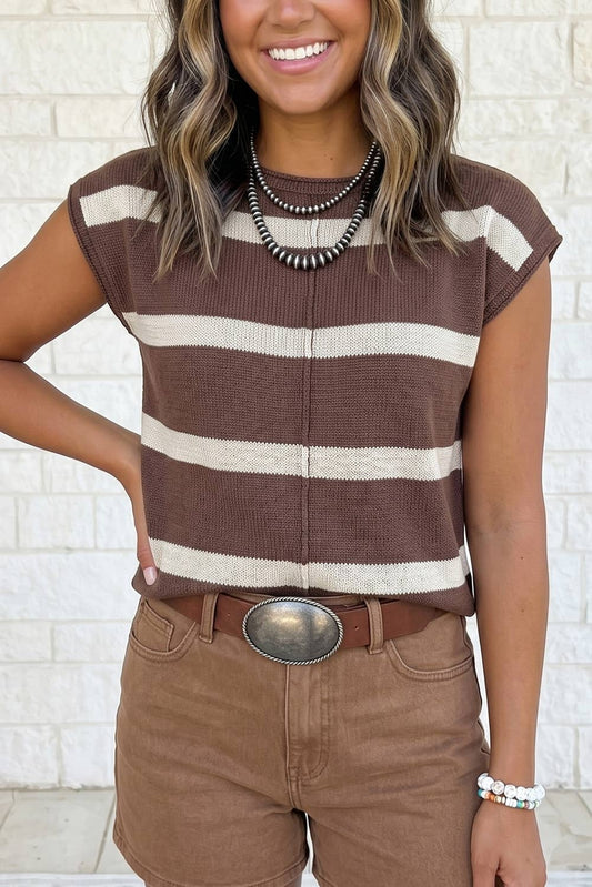 Striped Short Sleeve Sweater Top in Brown