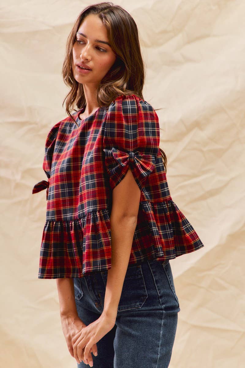 Christmas Plaid Short Sleeve Top in Red