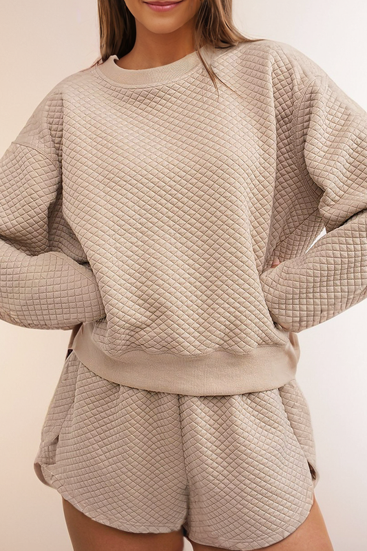 Quilted Long Sleeve Shorts Set in Beige