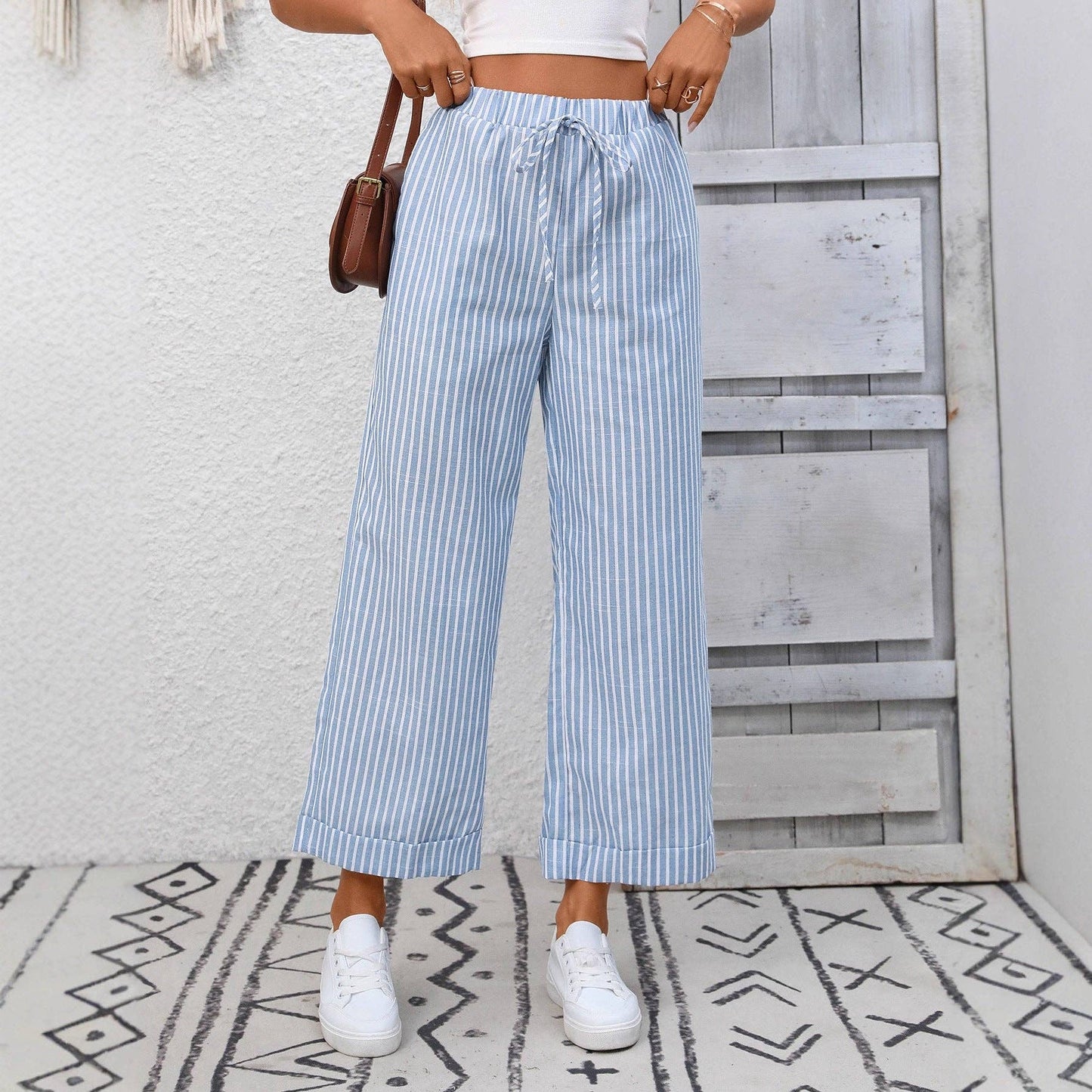 High Rise Striped Boho Palazzo Ankle Pants in Light Blue