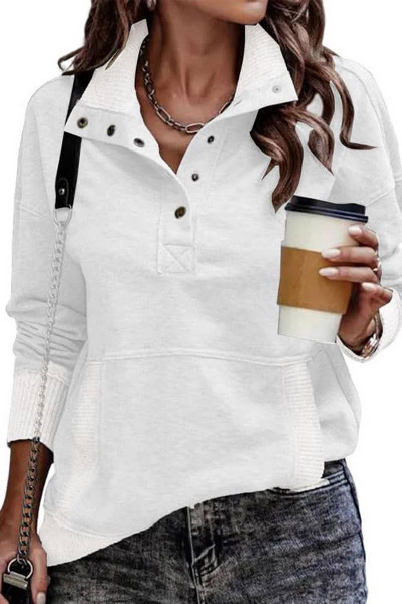 Collared Button Pullover in White
