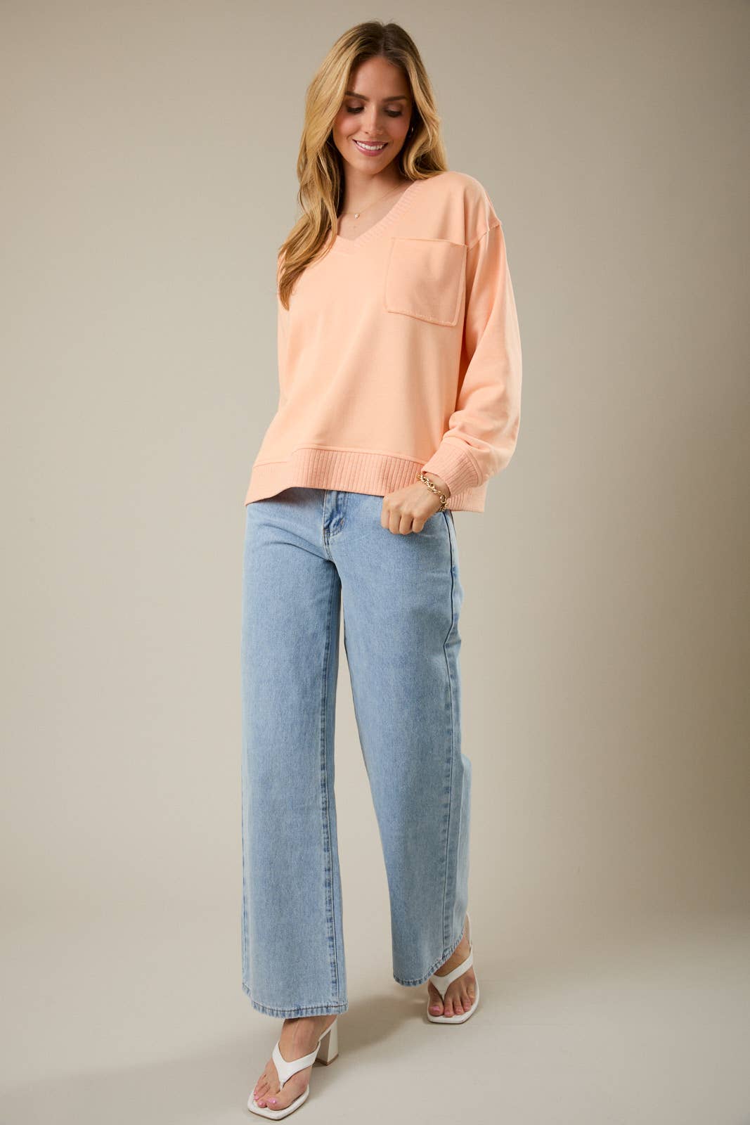 V Neck Pocket Top in Apricot