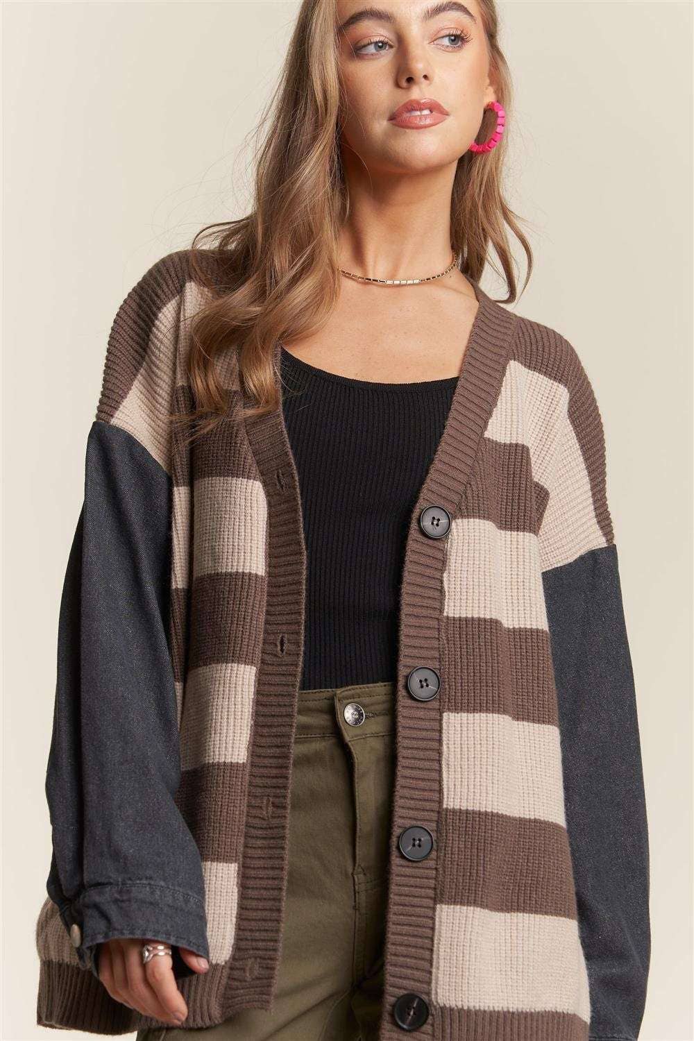 Denim Sleeve Stripe Sweater Cardigan in Mocha