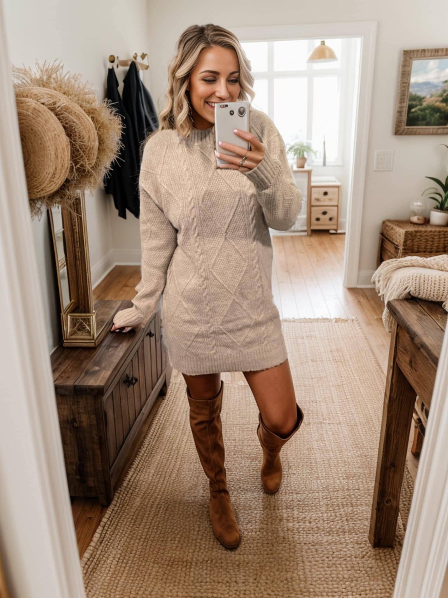 Cable Knit Sweater Dress in Parchment