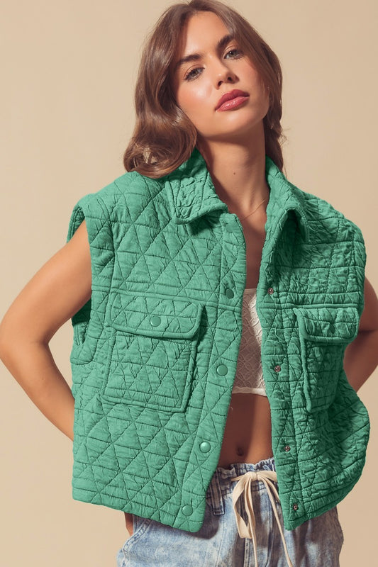 Quilted Button Up Vest in Jade