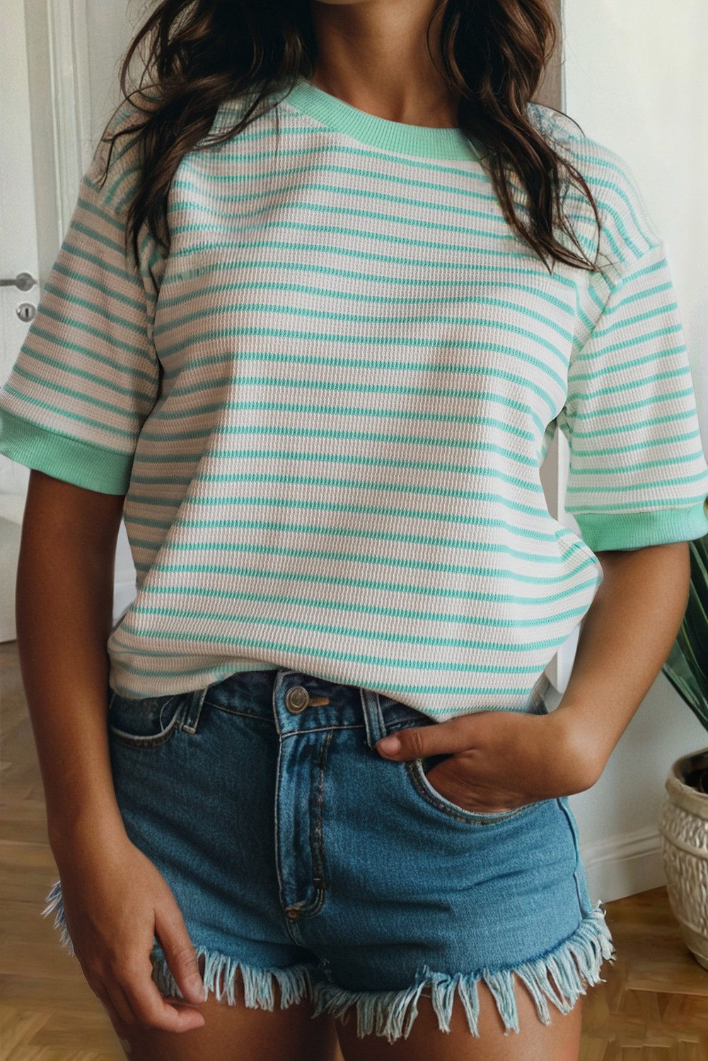 Stripe Colorblock Trim Tee in Green