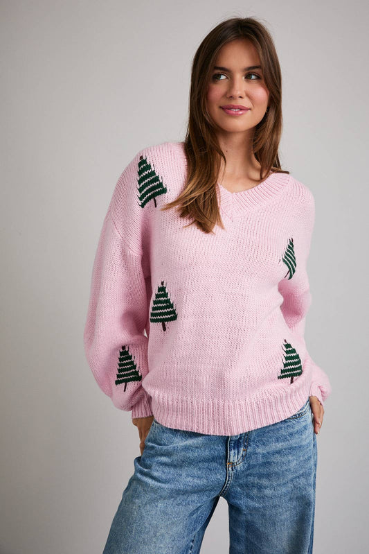 Chunky Christmas Tree Sweater in Pink