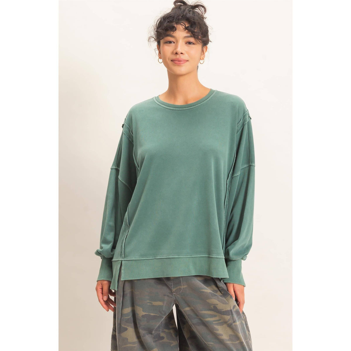 Oversized Raw Edge Top in Green