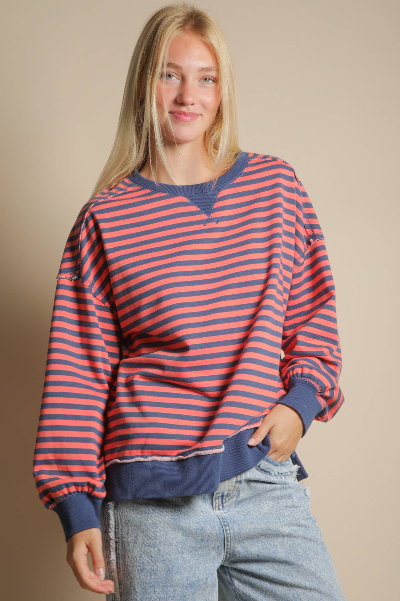 Stripe Casual Oversized Top in Coral/Navy