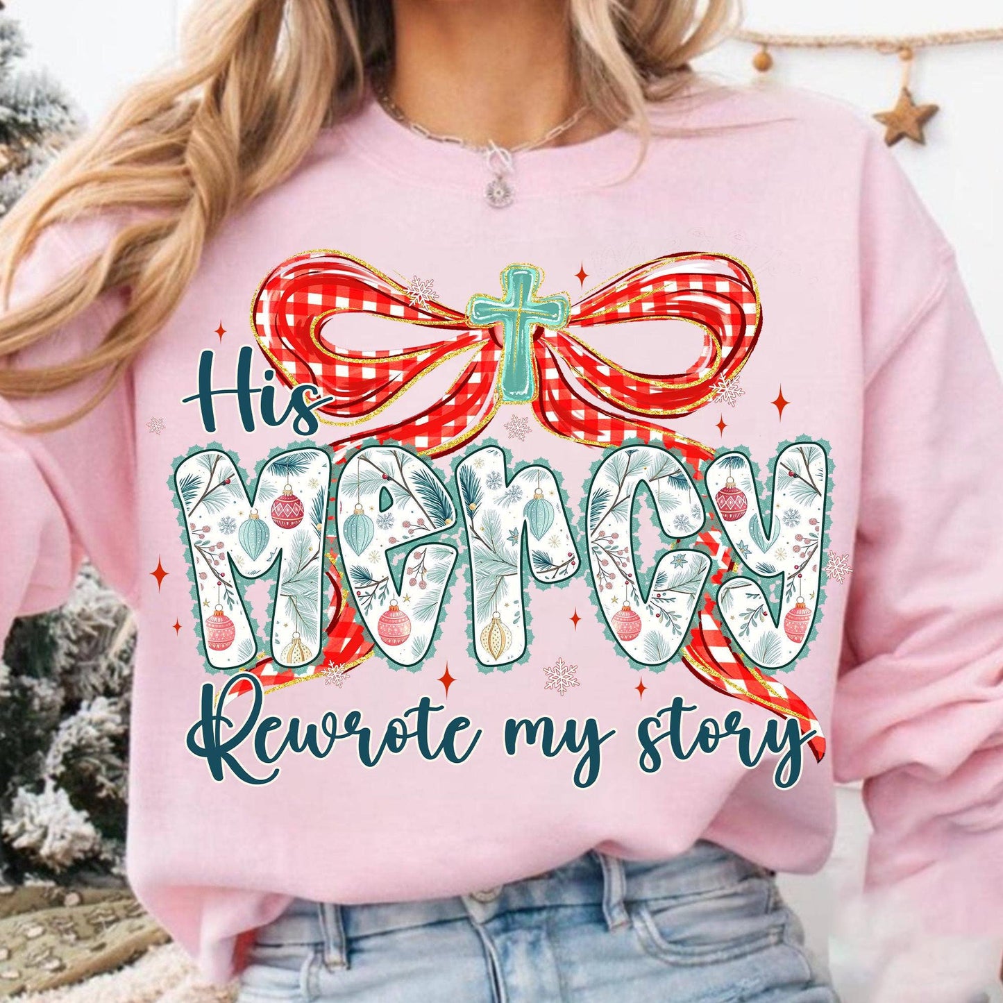 Graphic - His Mercy Sweatshirt in Pink