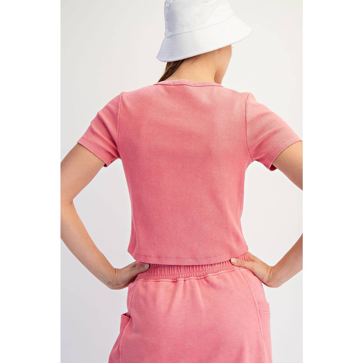 Mineral Wash Ribbed Crop Tee in Pink