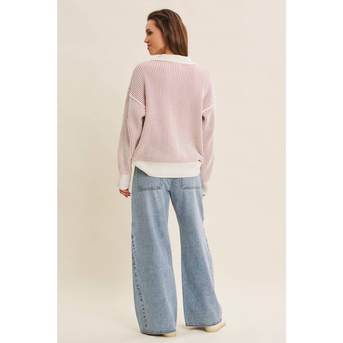 Textured Stripe Henley Sweater in Dusty Pink