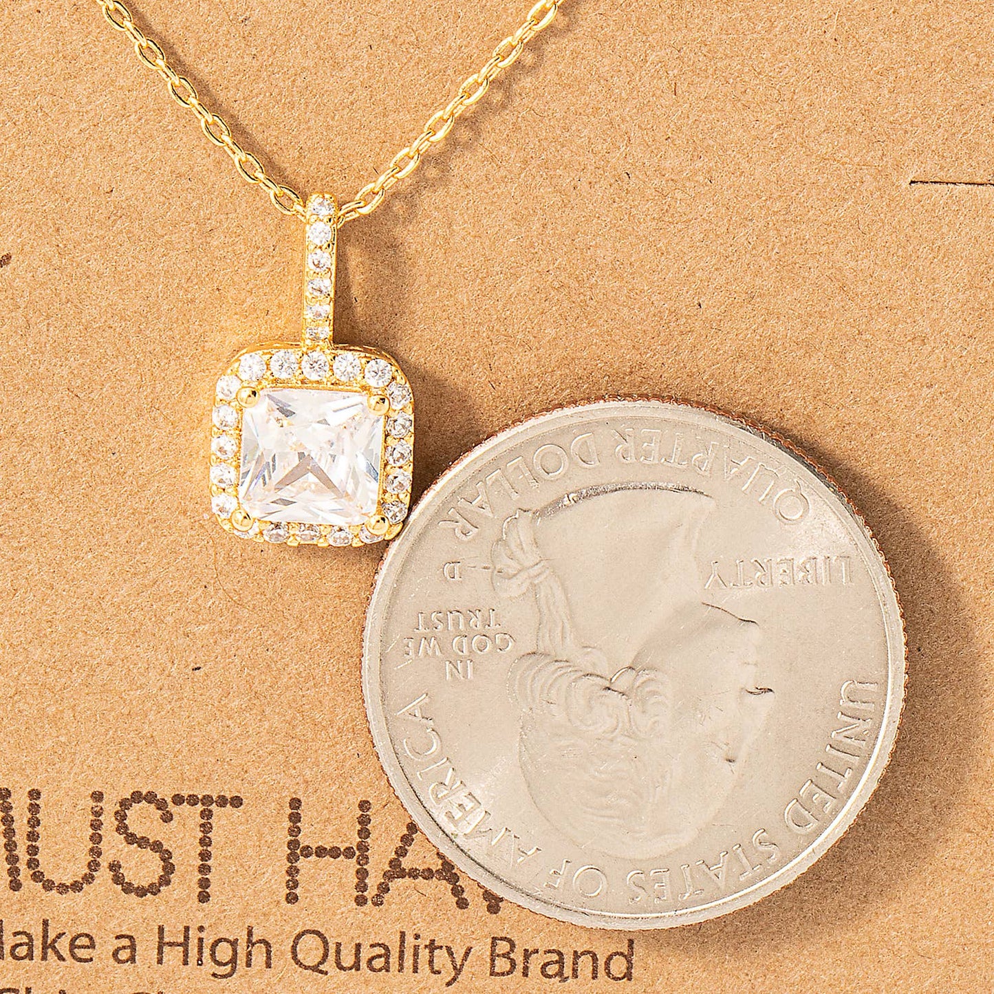 Square Rhinestone Pendant Necklace in Gold