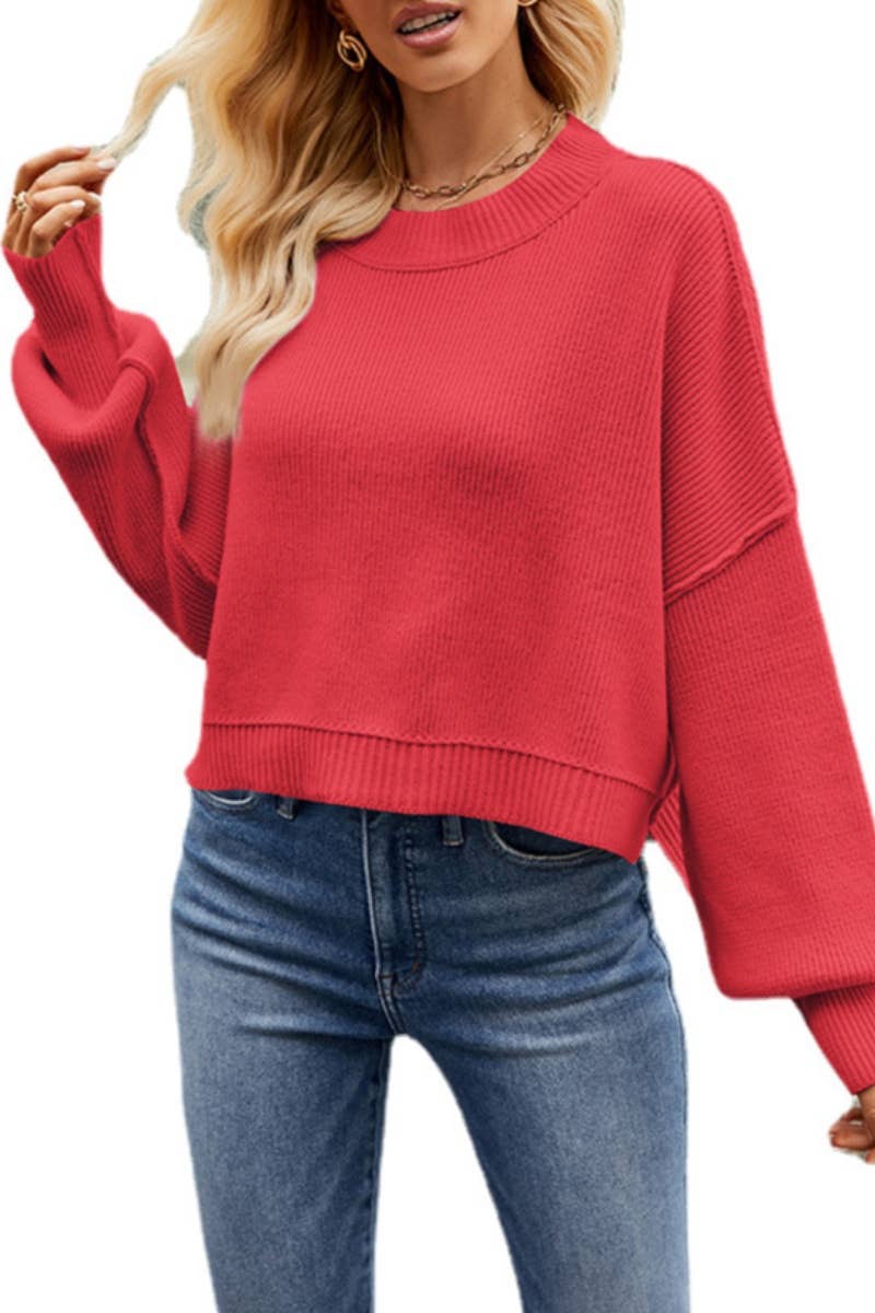 Cropped Side Slit Sweater in Red