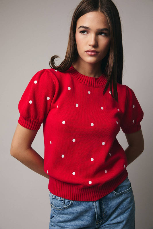 Puff Short Sleeve Sweater in Red