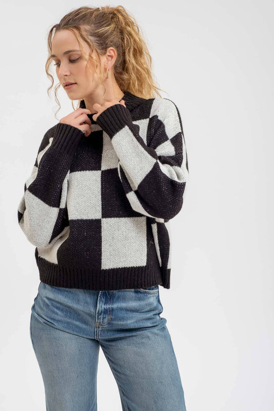 Checkered Mock Neck Pullover in Black