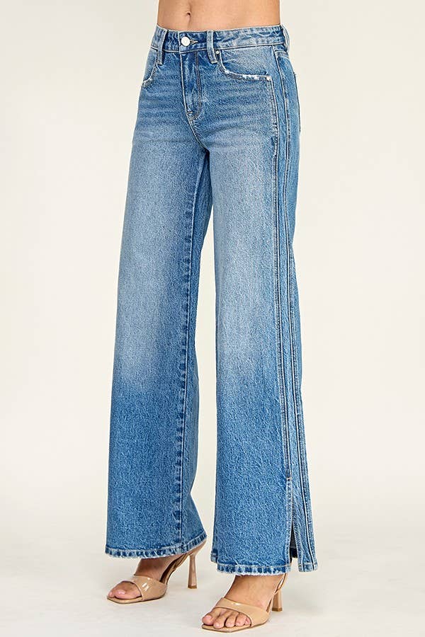 Mid Rise Wide Leg Detailed Denim
