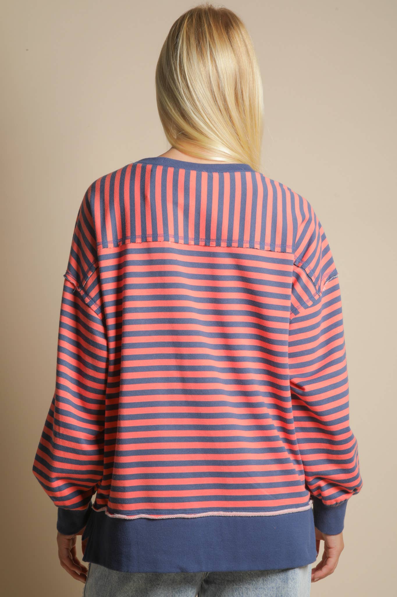 Stripe Casual Oversized Top in Coral/Navy
