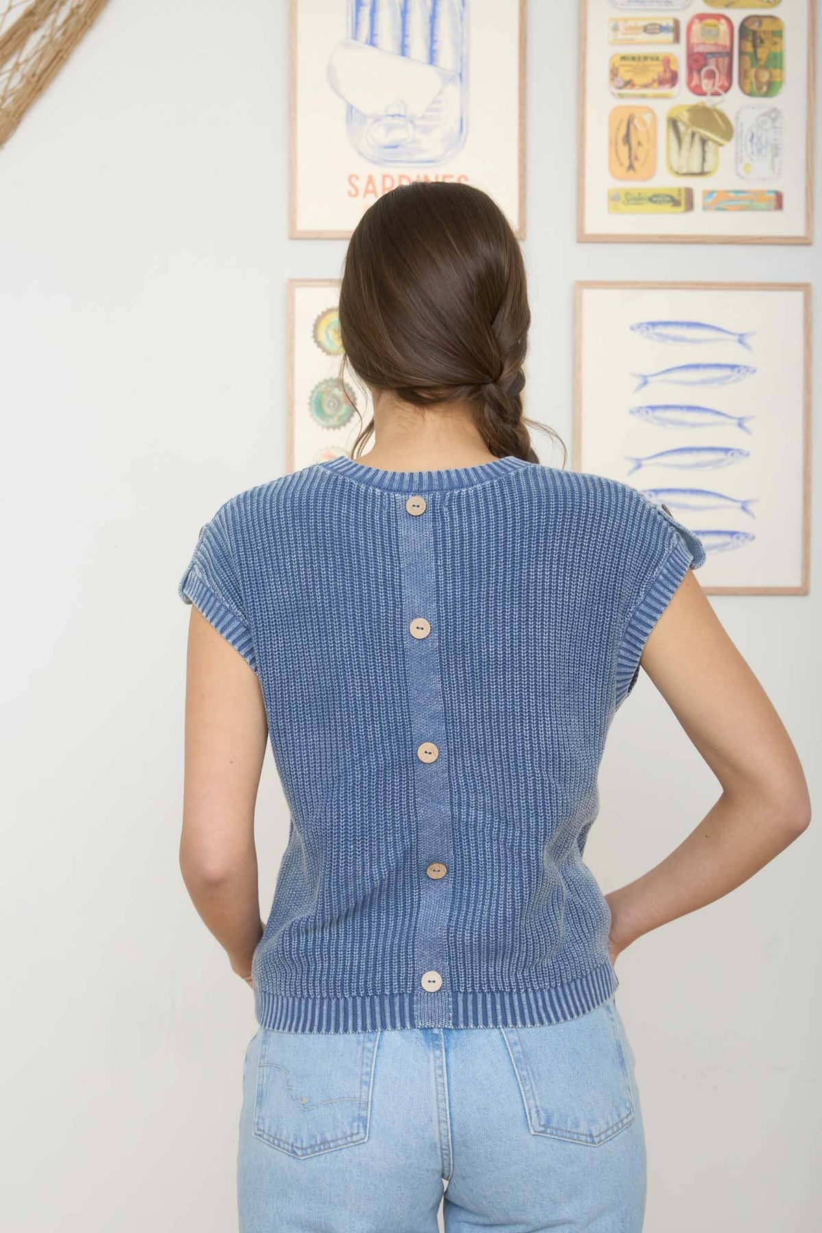 SMALL Acid Washed Button Back Top in Blue