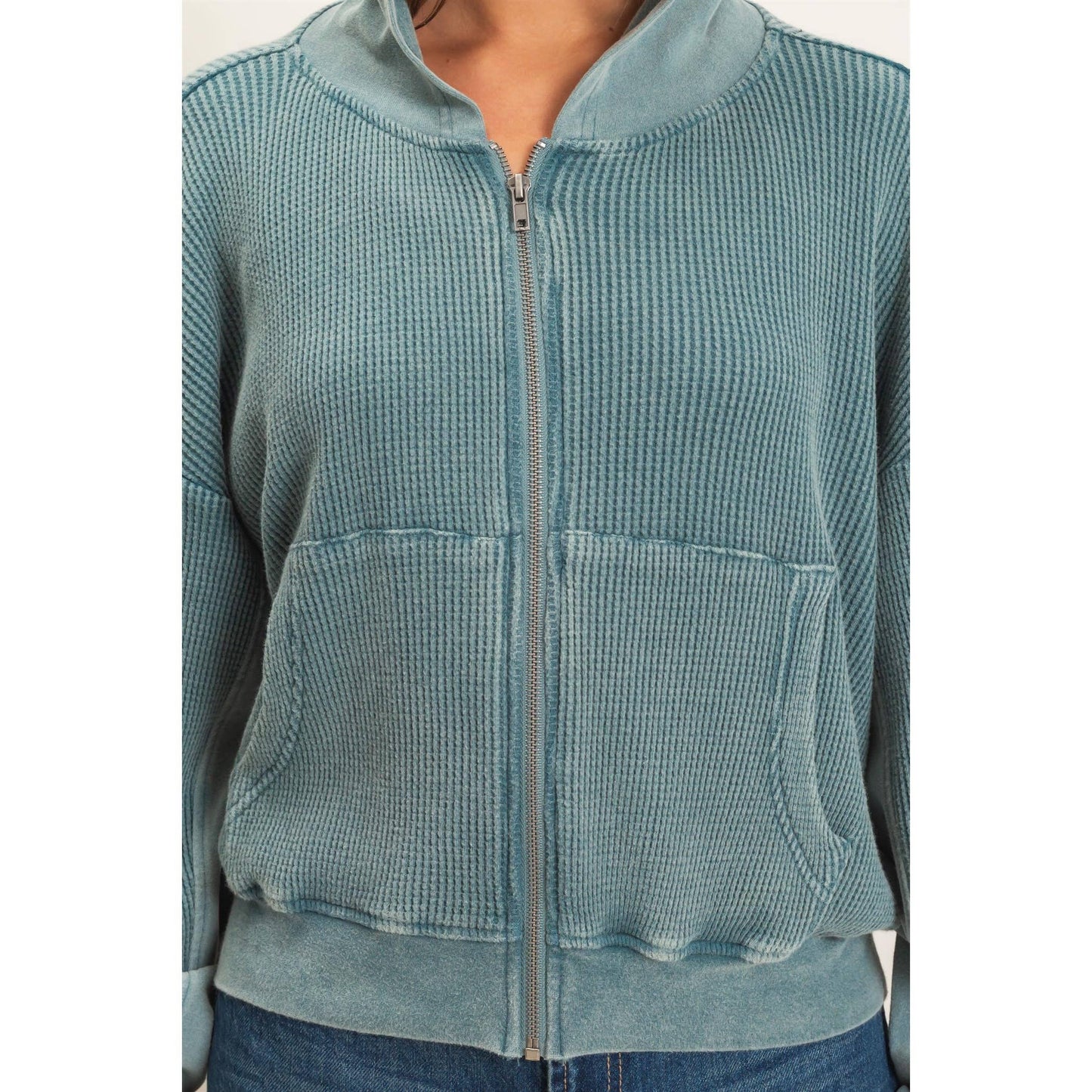 Acid Wash Waffle Knit Hoodie in Teal