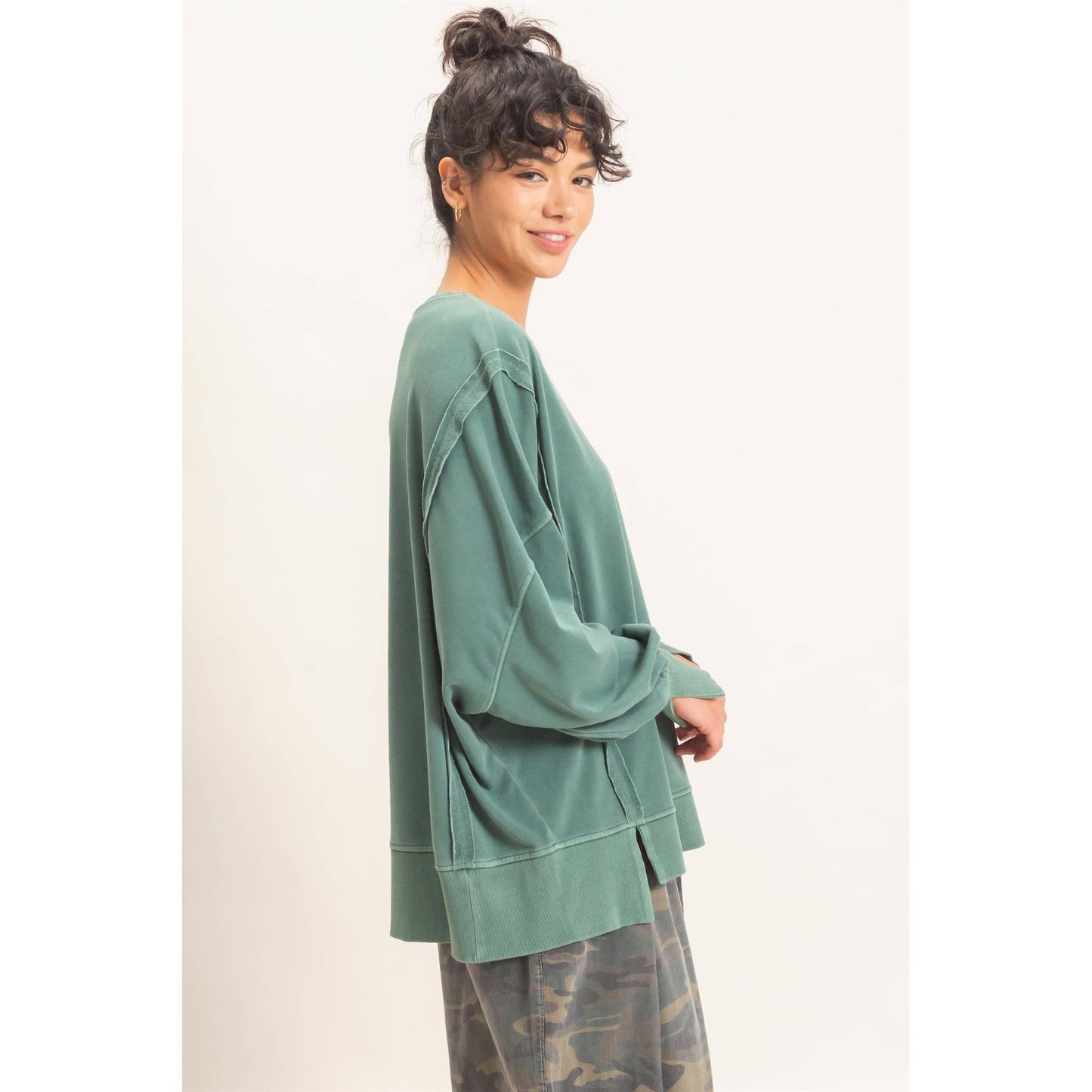 Oversized Raw Edge Top in Green