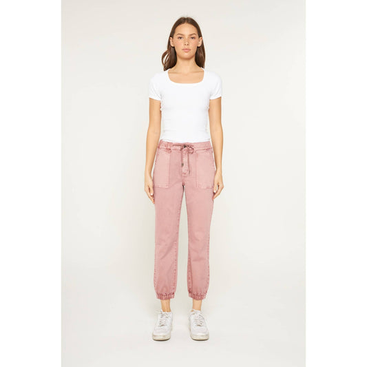 High Rise Denim Jogger in Deep Pink