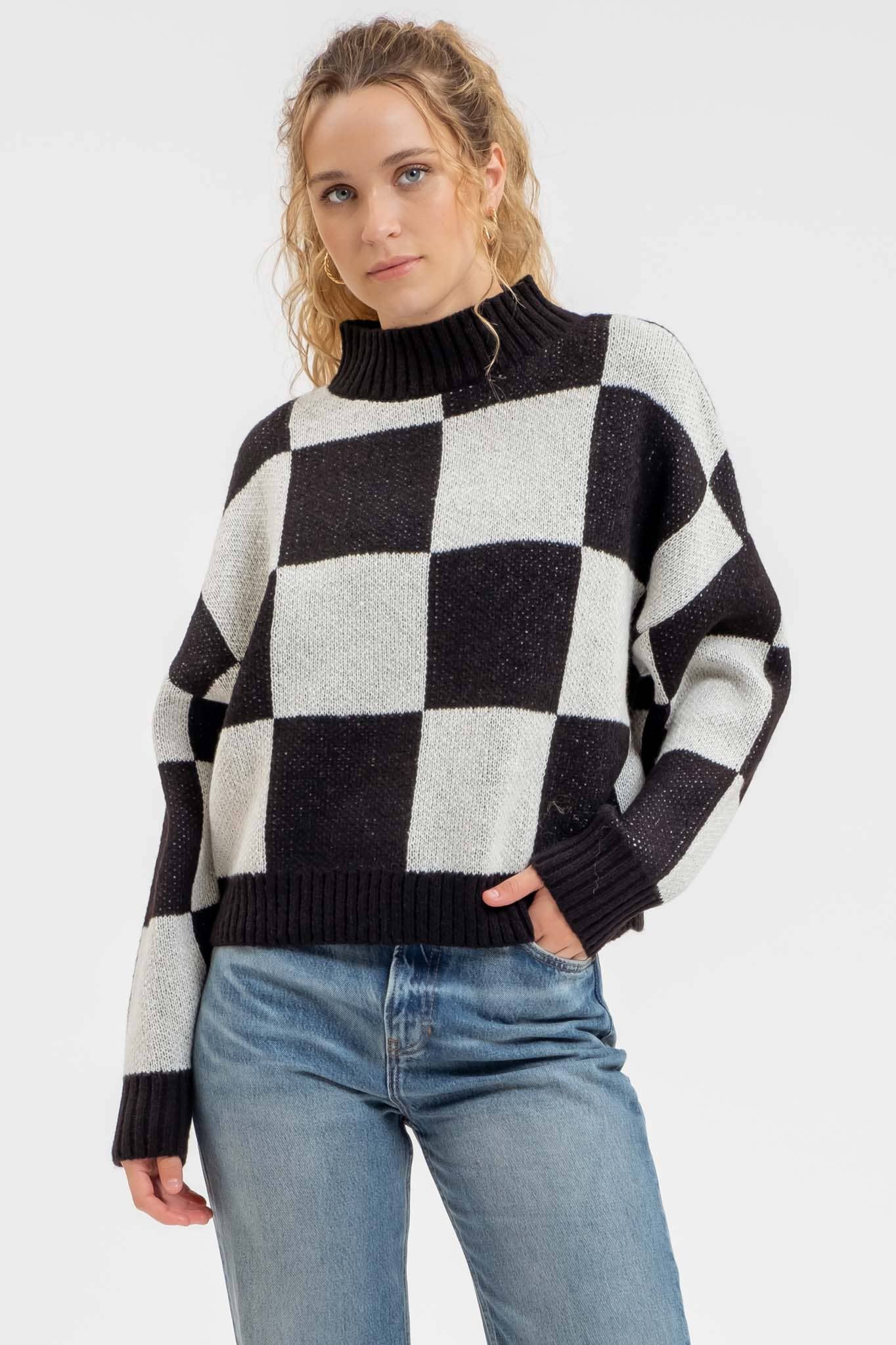 Checkered Mock Neck Pullover in Black