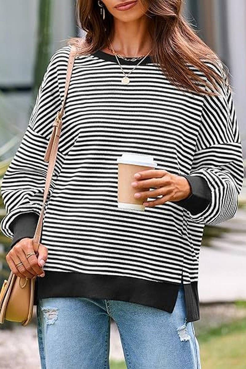 Stripe Drop Shoulder Long Sleeve Top in Black