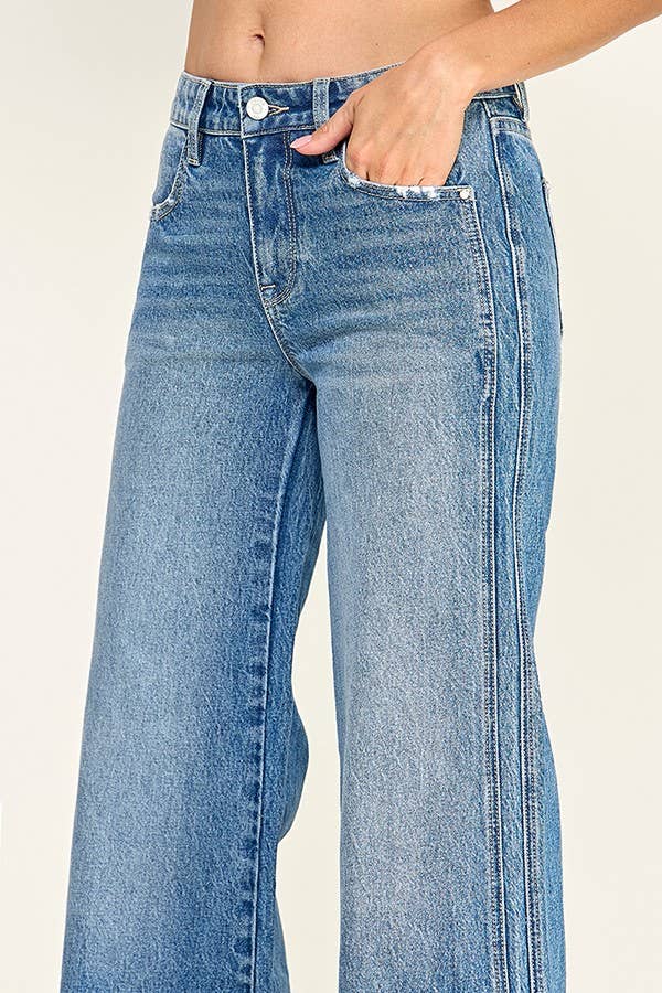 Mid Rise Wide Leg Detailed Denim