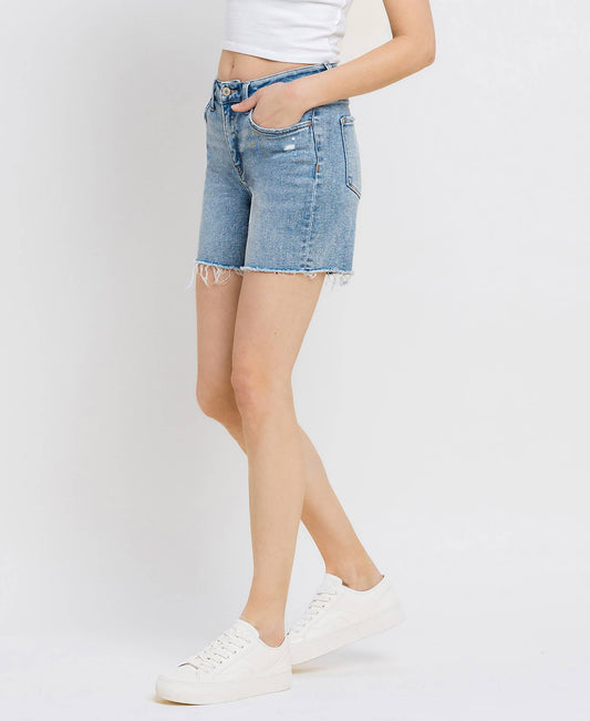 High Rise Midi Denim Shorts