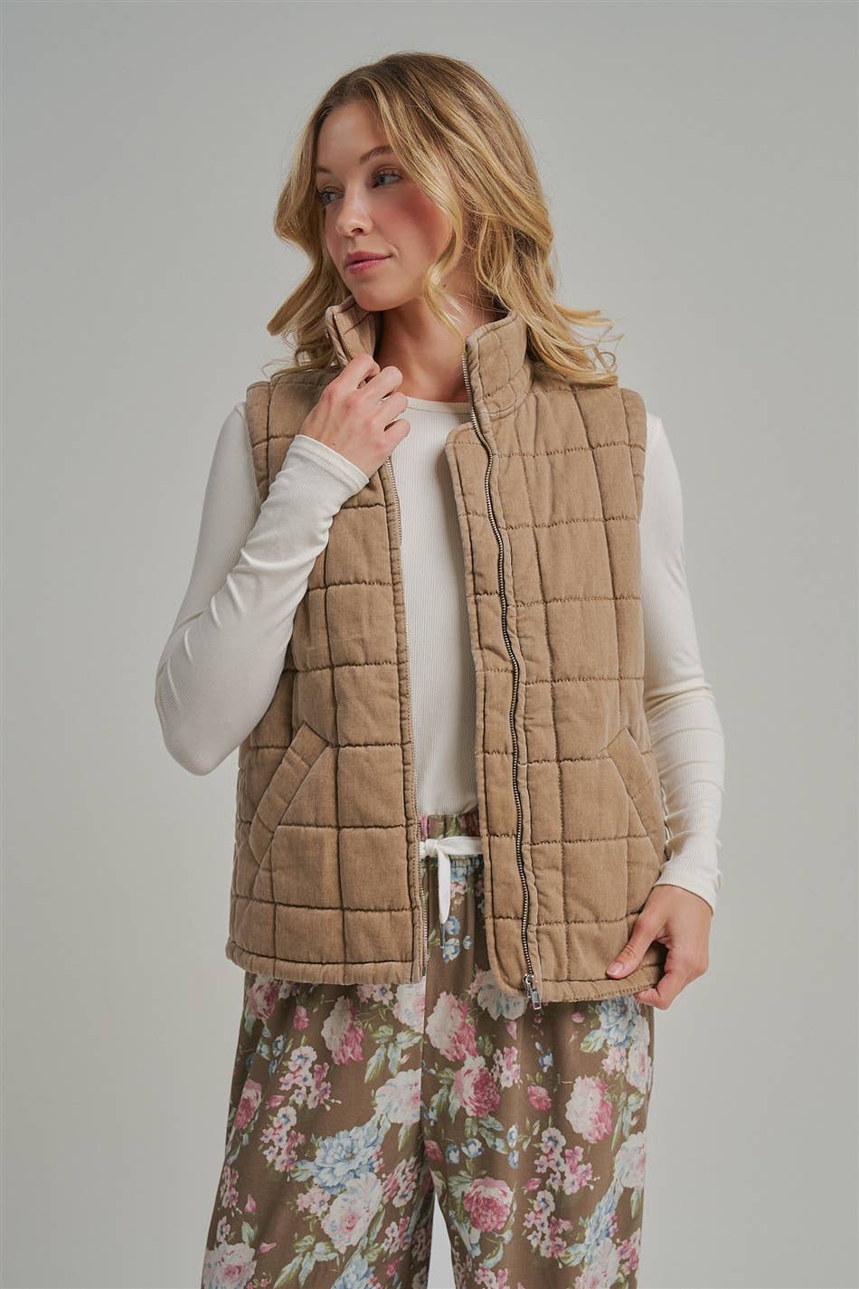 Vintage Washed Quilted Puffer Vest in Taupe