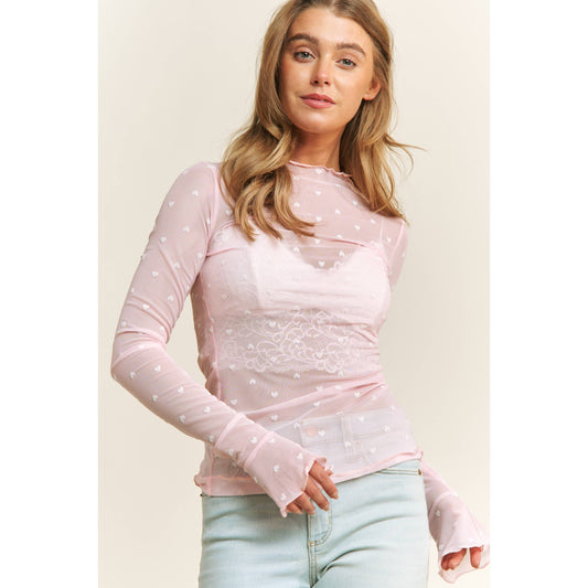High Neck Mesh Heart Long Sleeve Top in Pink