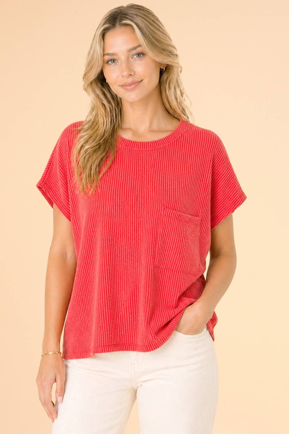 Ribbed Top With Pocket in Red