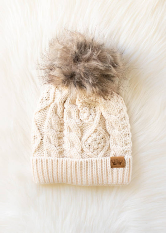 Cable Knit Pom Hat in Beige