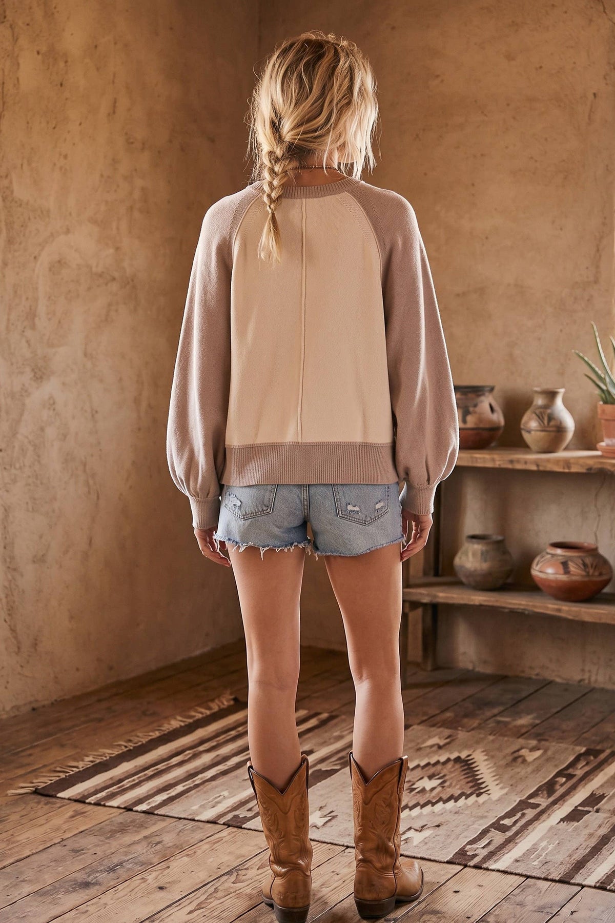 Colorblock Henley Sweater in Taupe