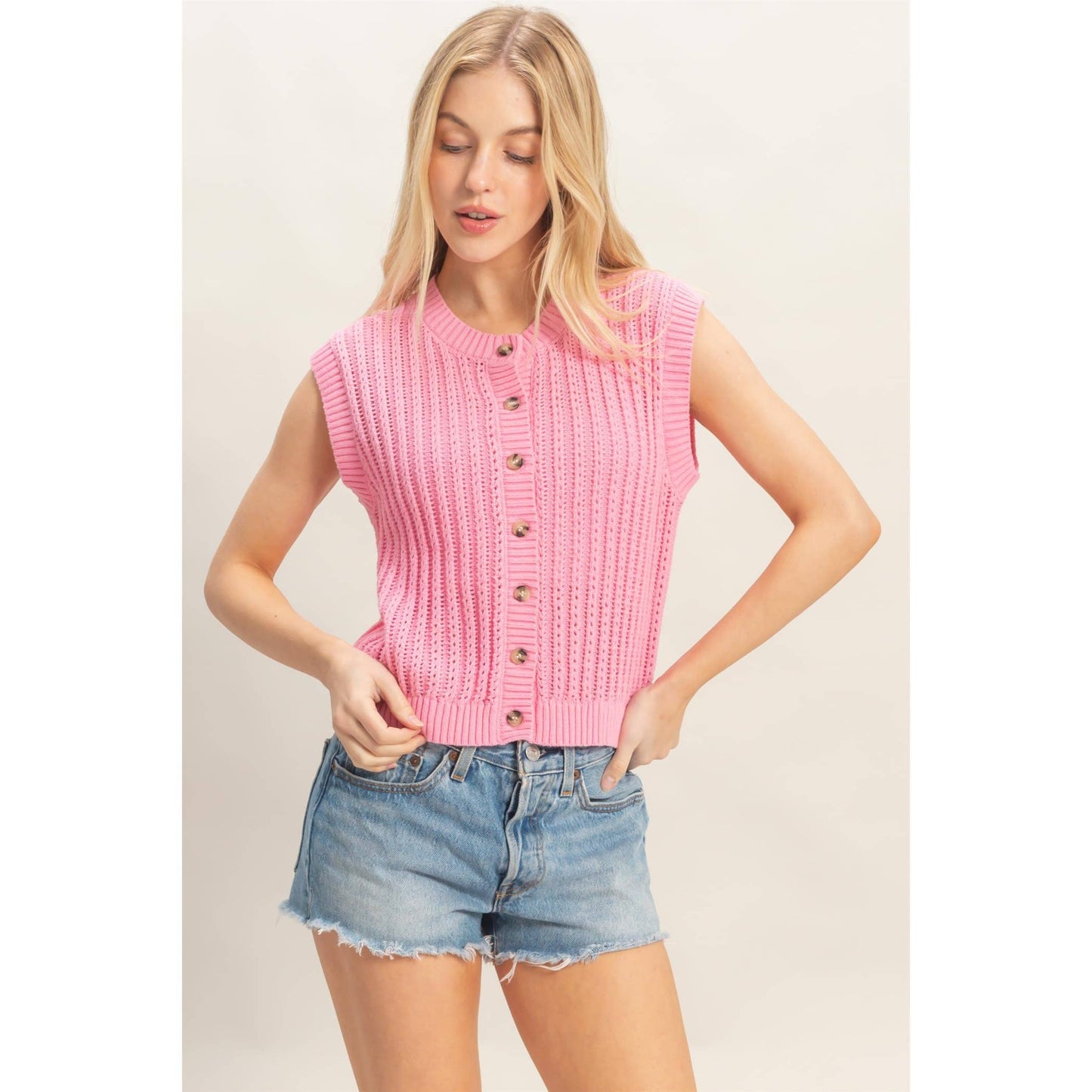 Ribbed Button Tank in Pink