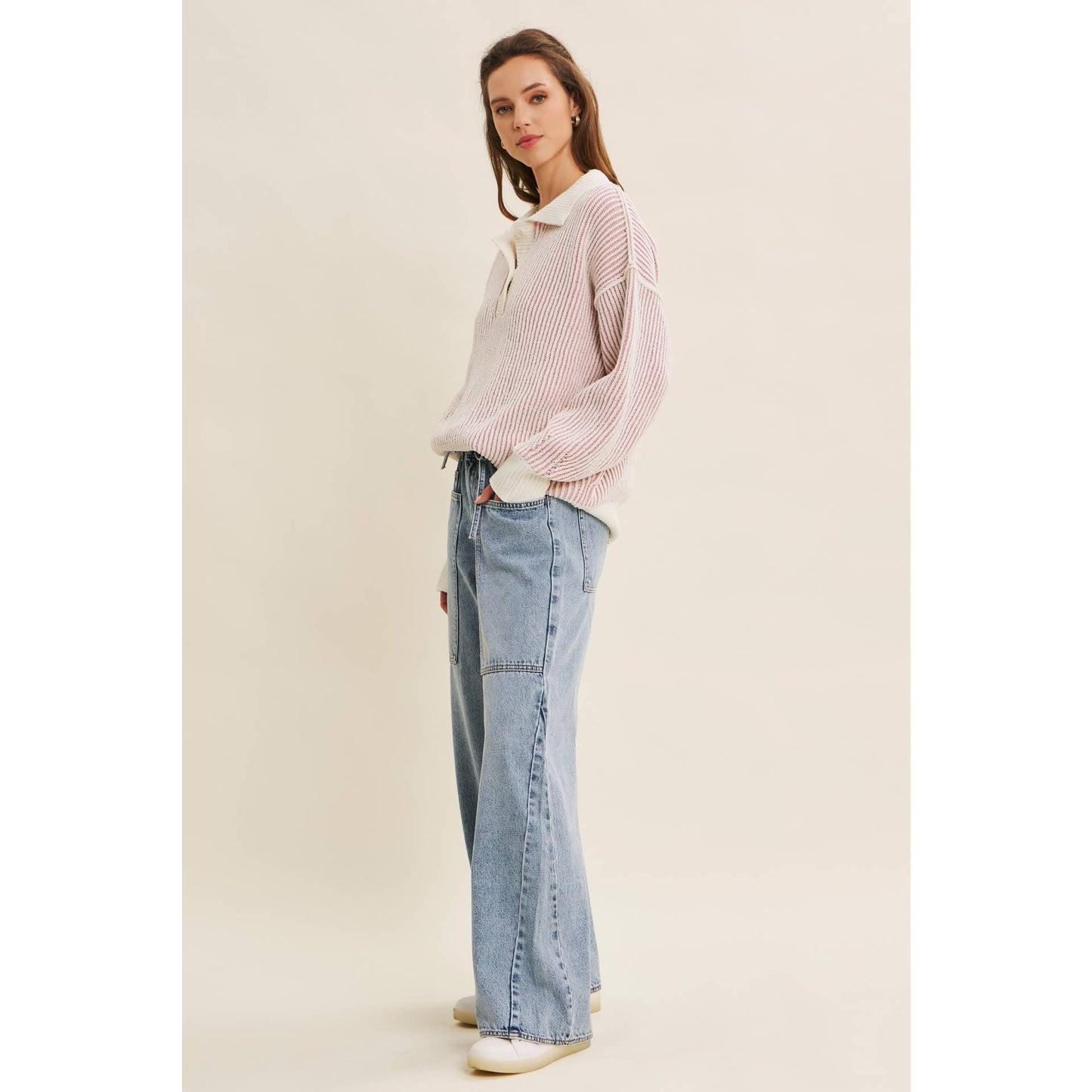 Textured Stripe Henley Sweater in Dusty Pink
