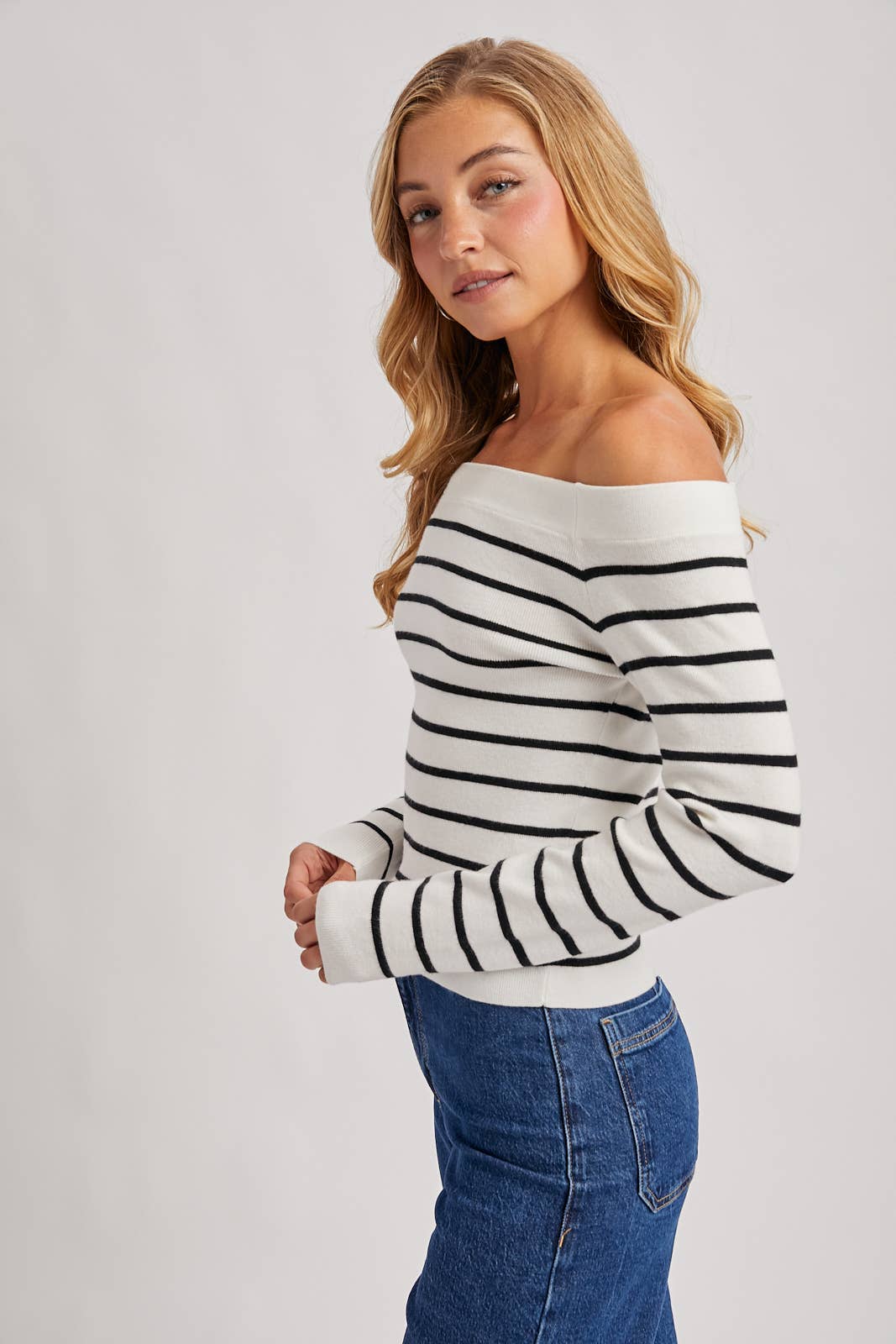 Off The Shoulder Striped Top in Ivory